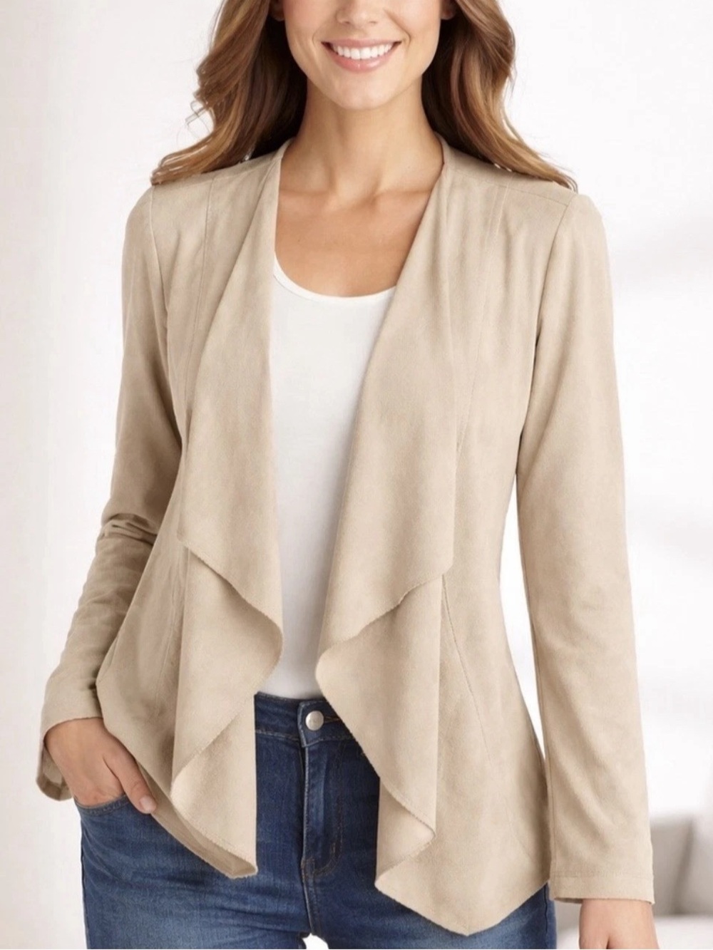 Soft Surroundings | Open Front Suede Cardigan Womens Size L Beige Sweater Top